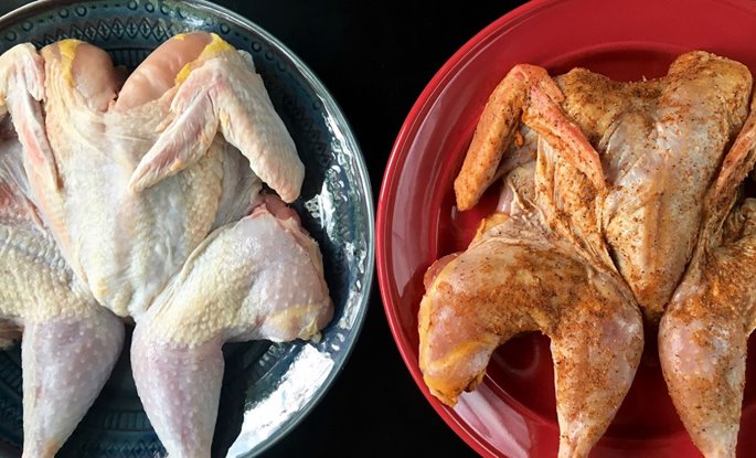 Wet-brined game bird ready for smoking (left), and dry brined (right).